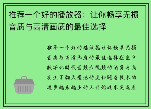 推荐一个好的播放器：让你畅享无损音质与高清画质的最佳选择